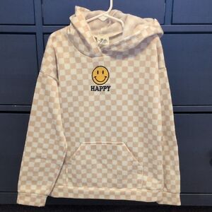 Girl's Checkered Hoodie with Happy Face Embroidery Size 10/12